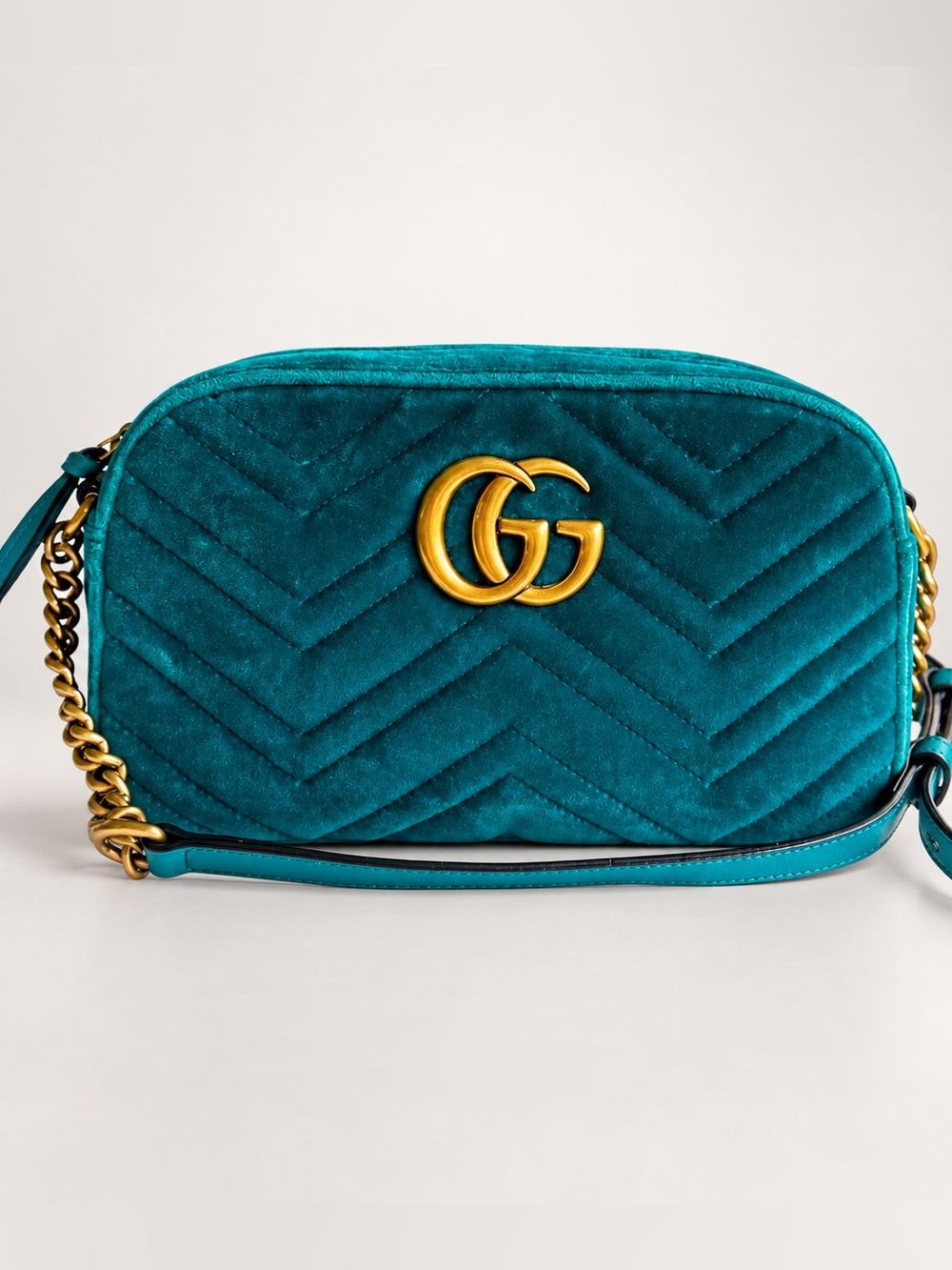 Gucci GG Marmont Small Velvet Shoulder Bag Teal Pavone Cyan Gold HW COA